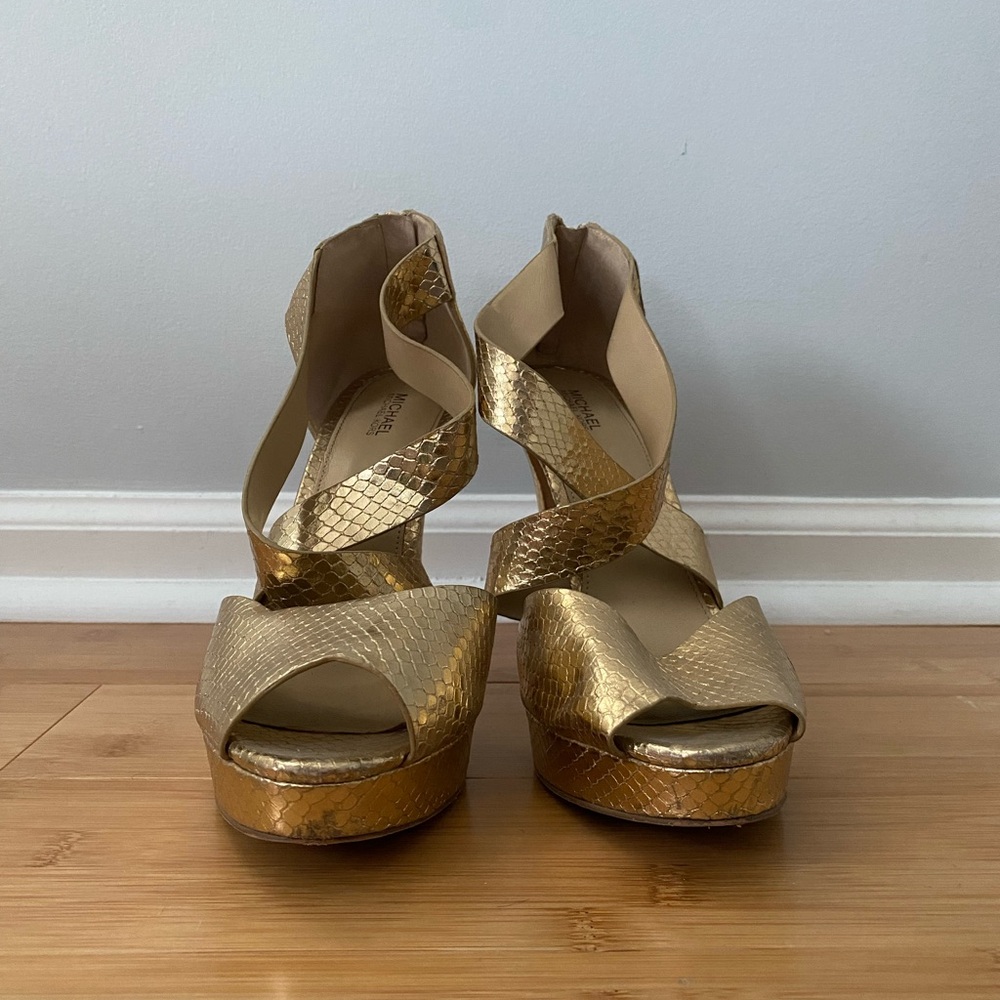 Michael Kors Gold Python Embossed Leather Heeled Sandals